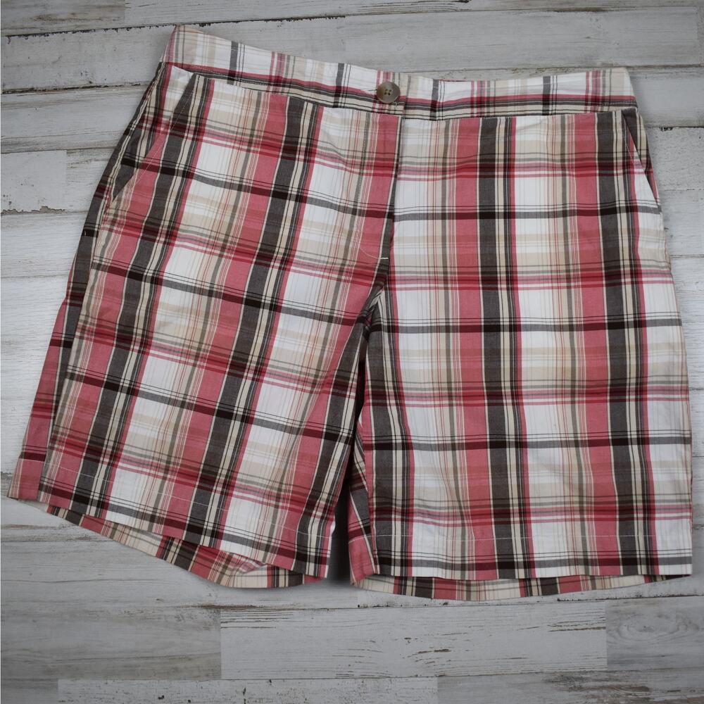 IZOD Plaid Shorts Women's 8 Mid Rise Cotton Stretch Red Brown Y2K Preppy Golf